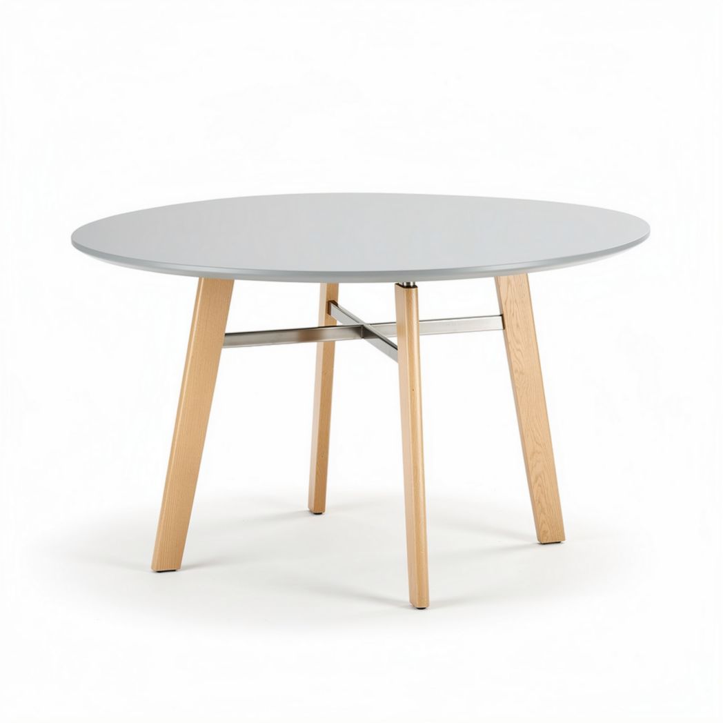 Round dining table with gray top and wooden legs 100 x 100 x 75cm