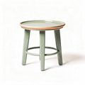 Green wood and metal stool with round tray top and sturdy legs 30 x 30 x 40cm