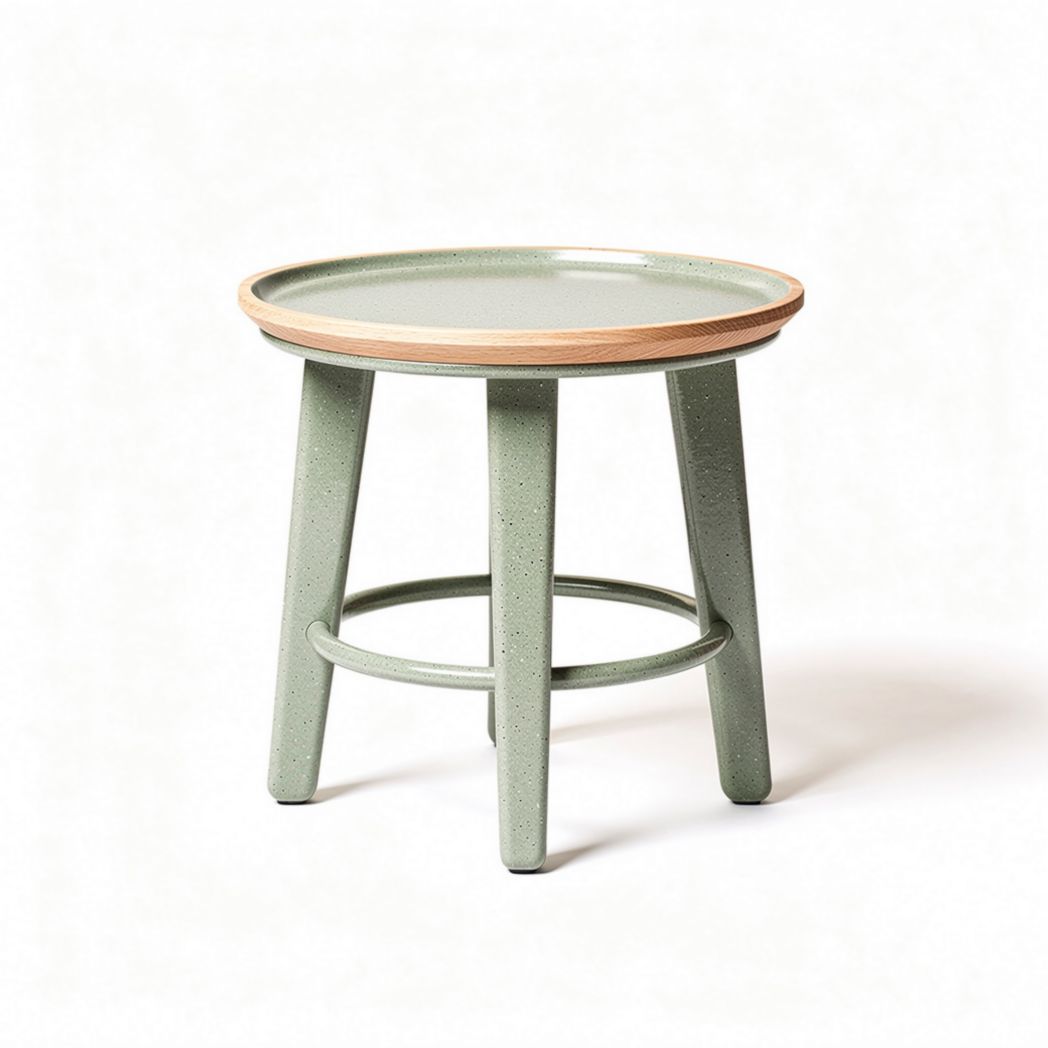 Green wood and metal stool with round tray top and sturdy legs 30 x 30 x 40cm