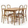 Wooden dining table set with six upholstered chairs in natural finish 180 x 90 x 75cm
