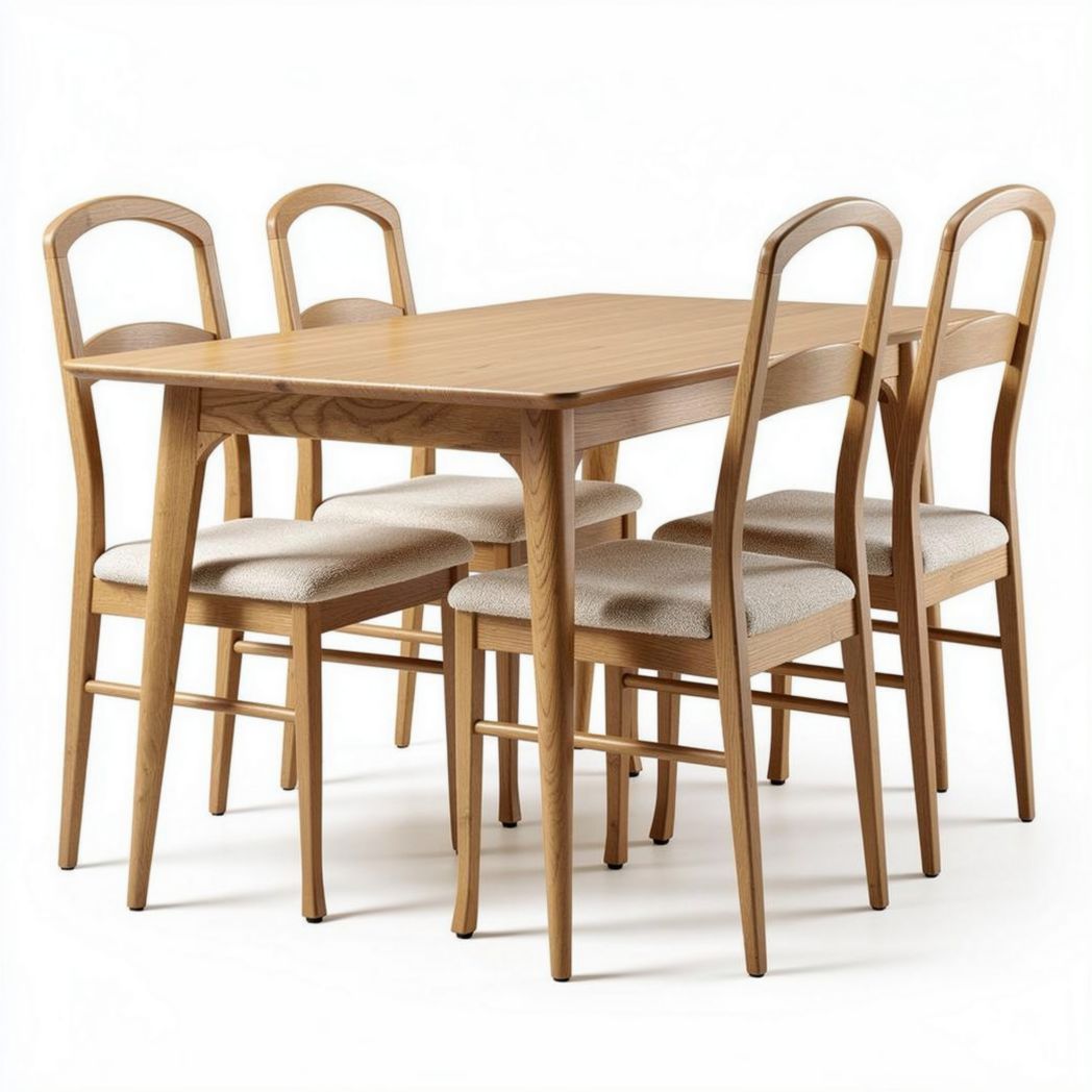 Wooden dining table set with six upholstered chairs in natural finish 180 x 90 x 75cm