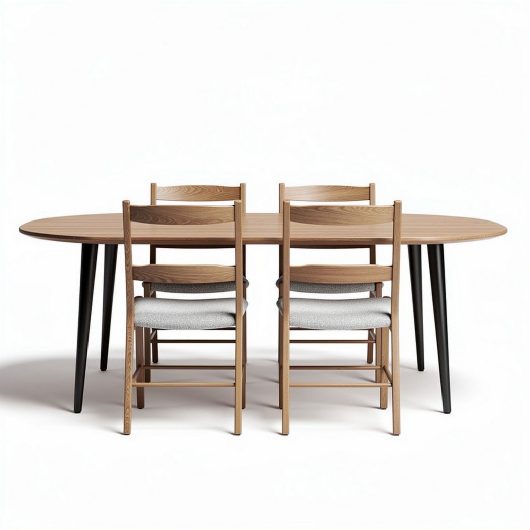 Wooden dining table with four chairs in neutral colors and modern design 150 x 90 x 75cm