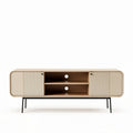 Modern wooden media console with two sliding doors and open shelf 120 x 40 x 50cm