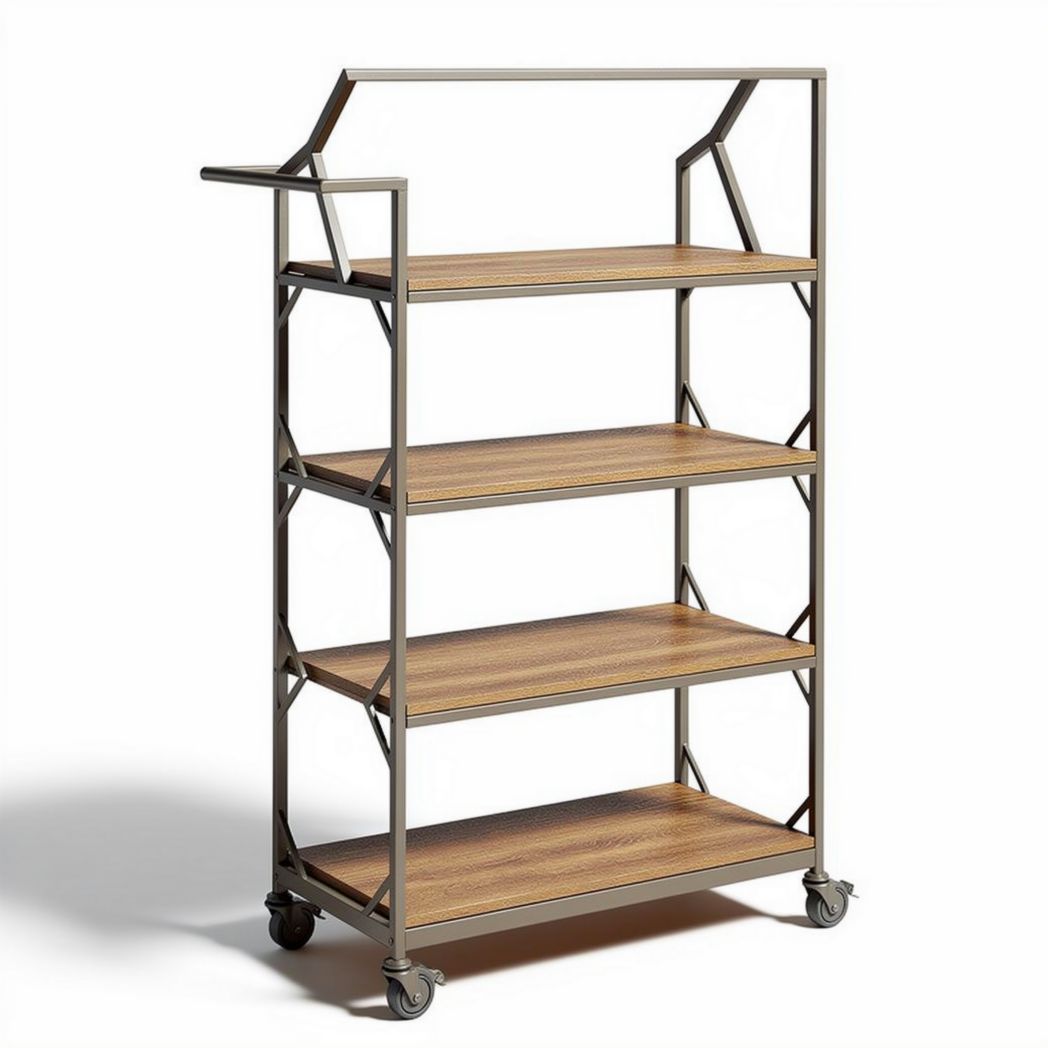 Wooden shelving unit on wheels with metal frame 80 x 40 x 160cm