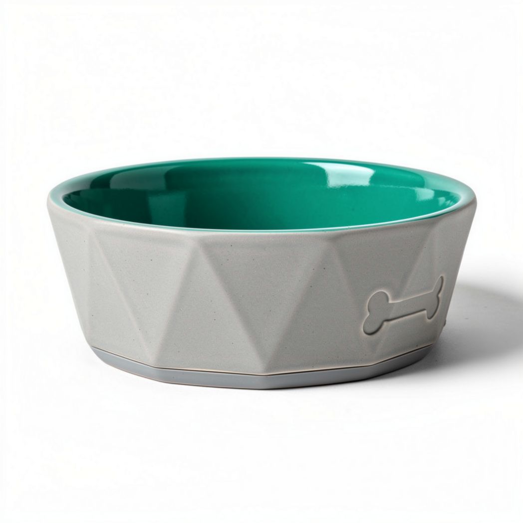 Ceramic pet food bowl with bone design and teal interior 20 x 20 x 5cm