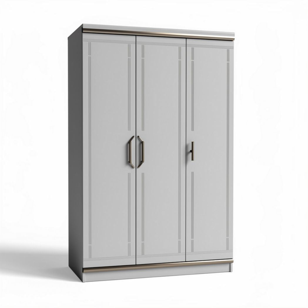 Three-door wardrobe in light gray finish with brushed metal handles 200 x 100 x 220cm