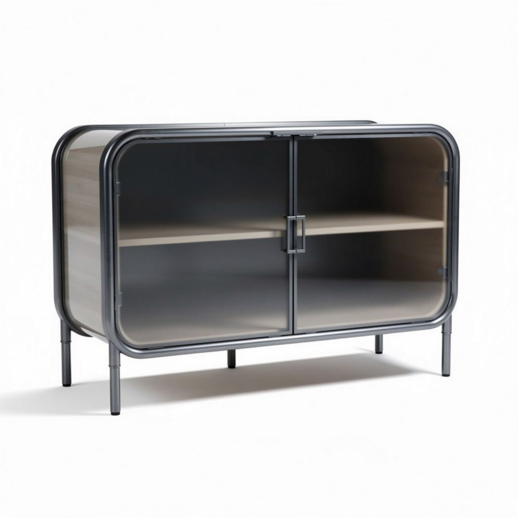 Modern glass door cabinet with metal frame and wooden shelves 80 x 40 x 70cm