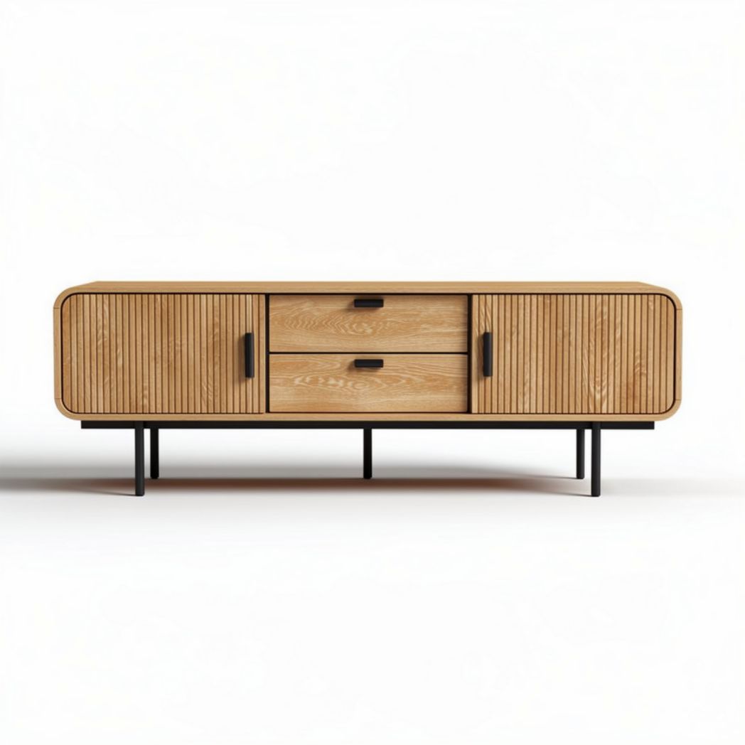 Wooden sideboard with ribbed texture and metal legs 150 x 40 x 50cm