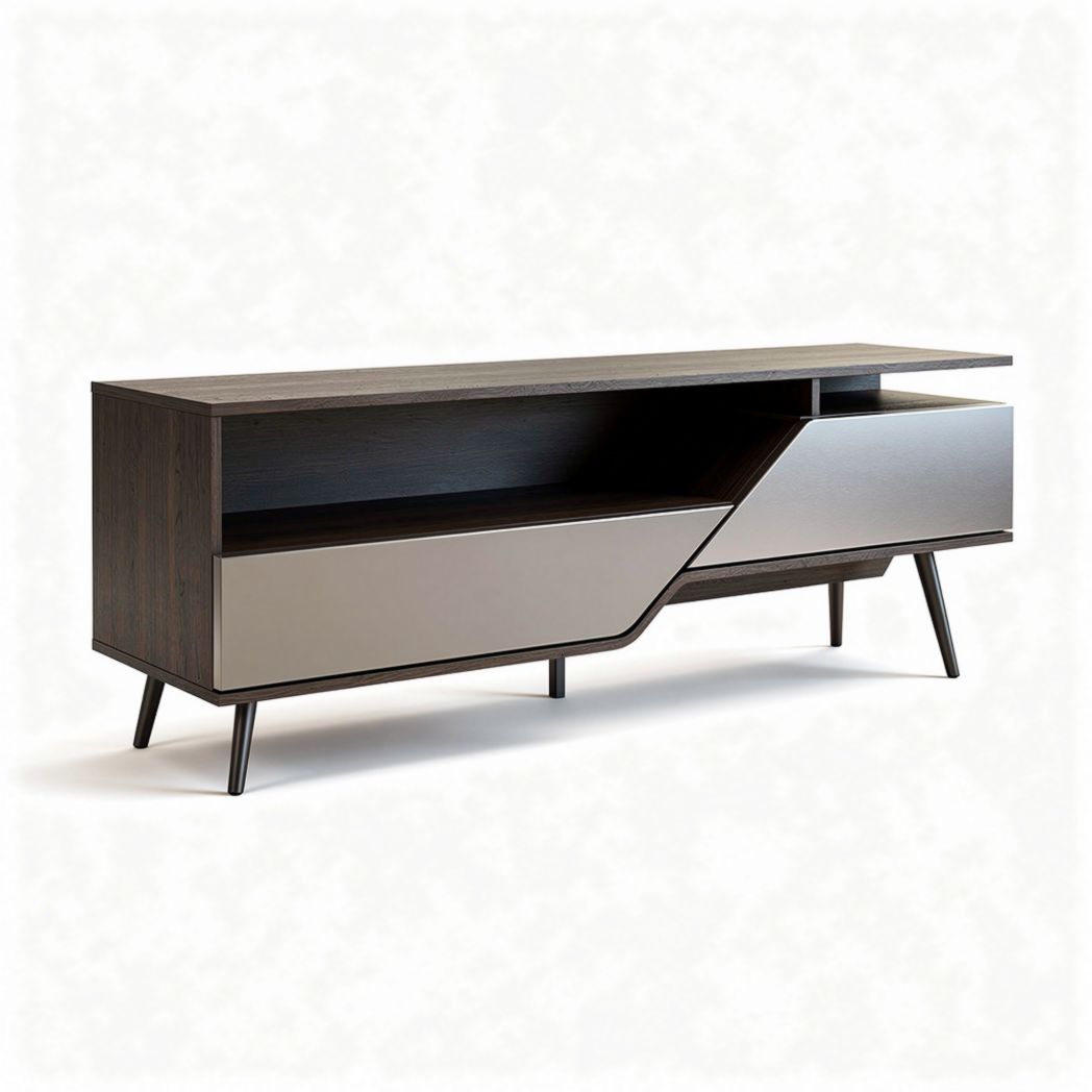 Modern wood and metal TV stand with geometric design 60 x 16 x 24 inches