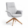 Soft gray upholstered accent chair with wooden legs suitable for living room use
